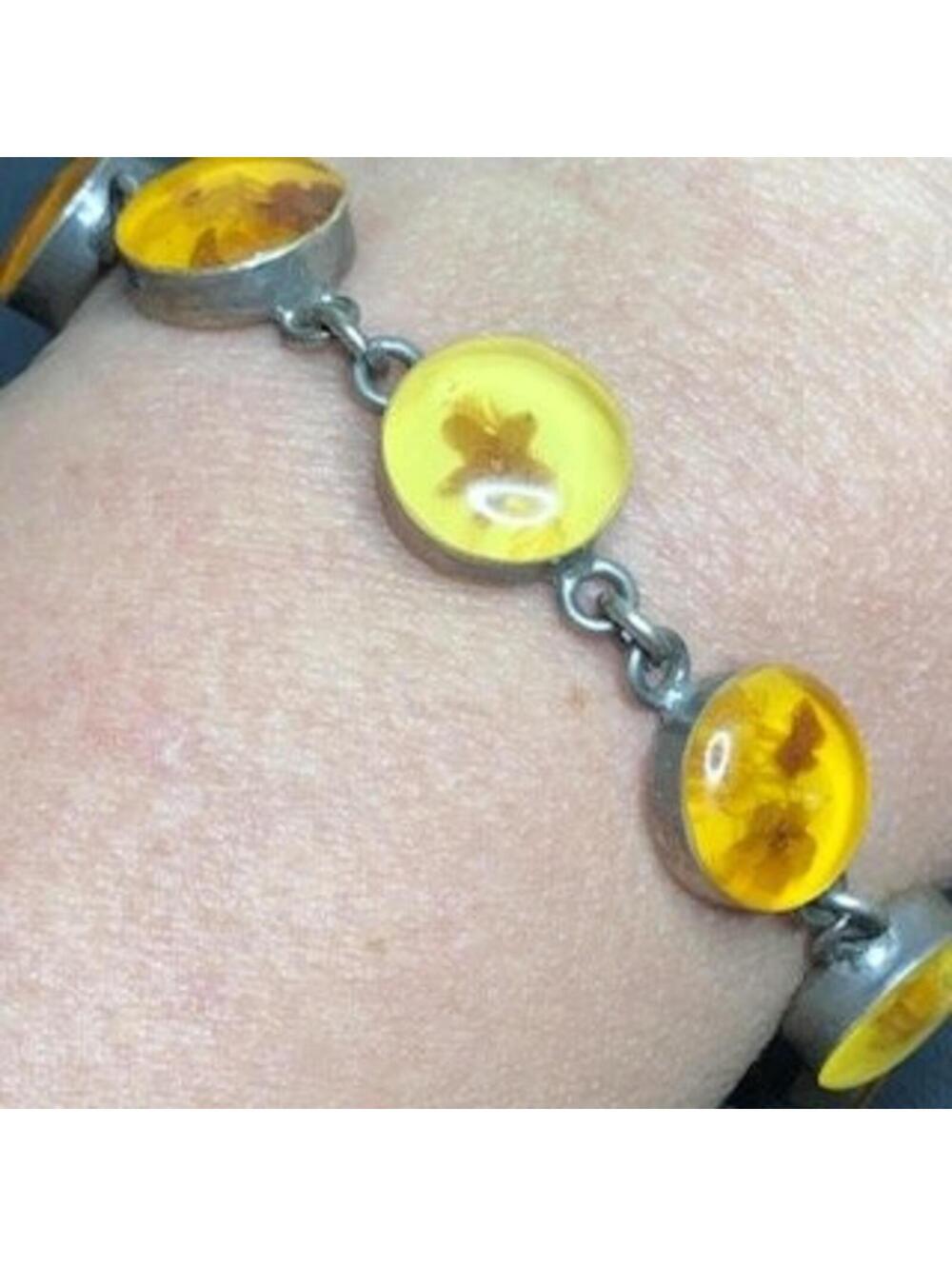 8485 Vintage Sterling Silver 925 Pressed flower resin Bracelet 7.75"  20.6grams